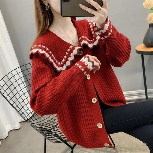 Long Sleeve Lapel Neck Collar Sweater Women Short Jacket Short Knitwear - Bild 6 von 24