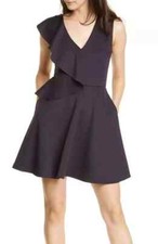 TED BAKER Navy Blue Ruffle Skater Pleated Flare V-Neck Mini Dress 0 = 2 US = XS