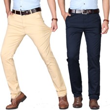 Men Straight Leg Pants Cotton Solid Stretch Thin Slim Fit Casual Long Trousers