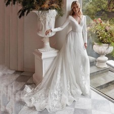 Boho A Line Wedding Dresses Lace Appliques V Neck Bride Gowns Long Sleeve