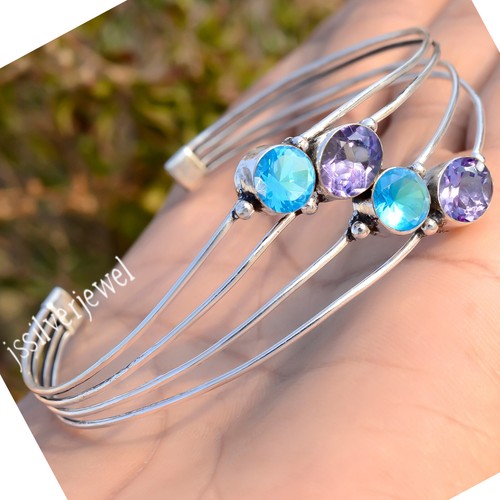Bracelet Manchette Argent Sterling 925 – Topaze Blanche – Fait Main – Inde – Réglable