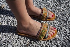 Sandales Cuir Noir & Camel - Été Femme - Franges Multicolores - Confort Tong