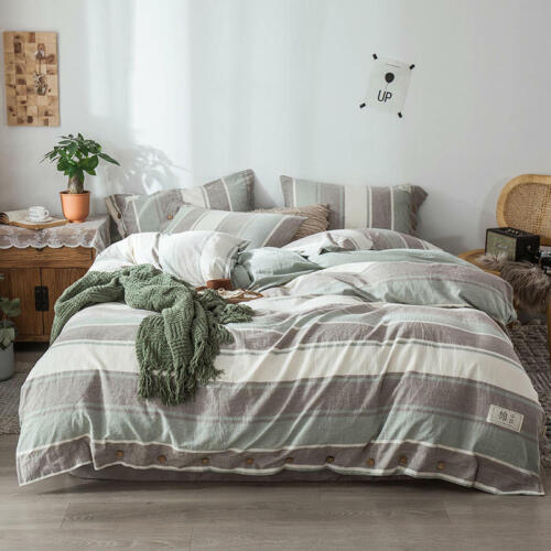 Bedding Set 4 Pcs Cotton Linen Feel Duvet Cover Flat/fitted Sheet Pillow Shames - Picture 1 of 60