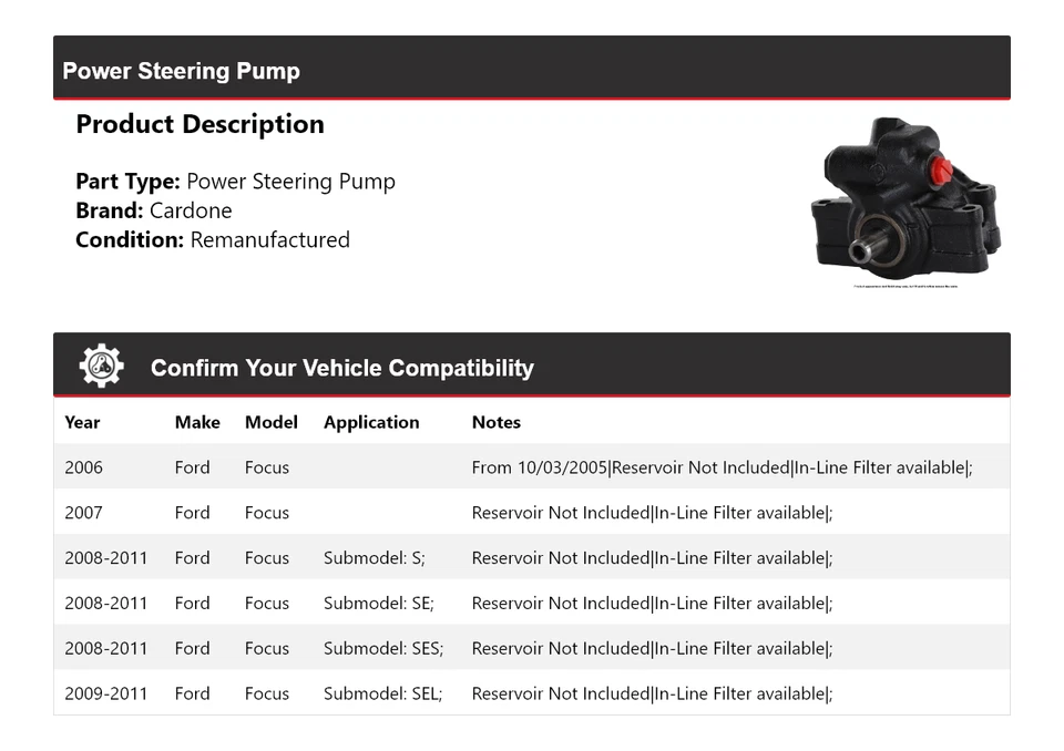 Bomba de dirección asistida Cardone para Ford Focus 2006-2011 2007 2008 2009 2010 Foto 2 de 4