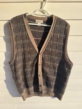 Murano Mens L V Neck Button Front Knit Vest Brown Plaid Pattern Made in Italy
