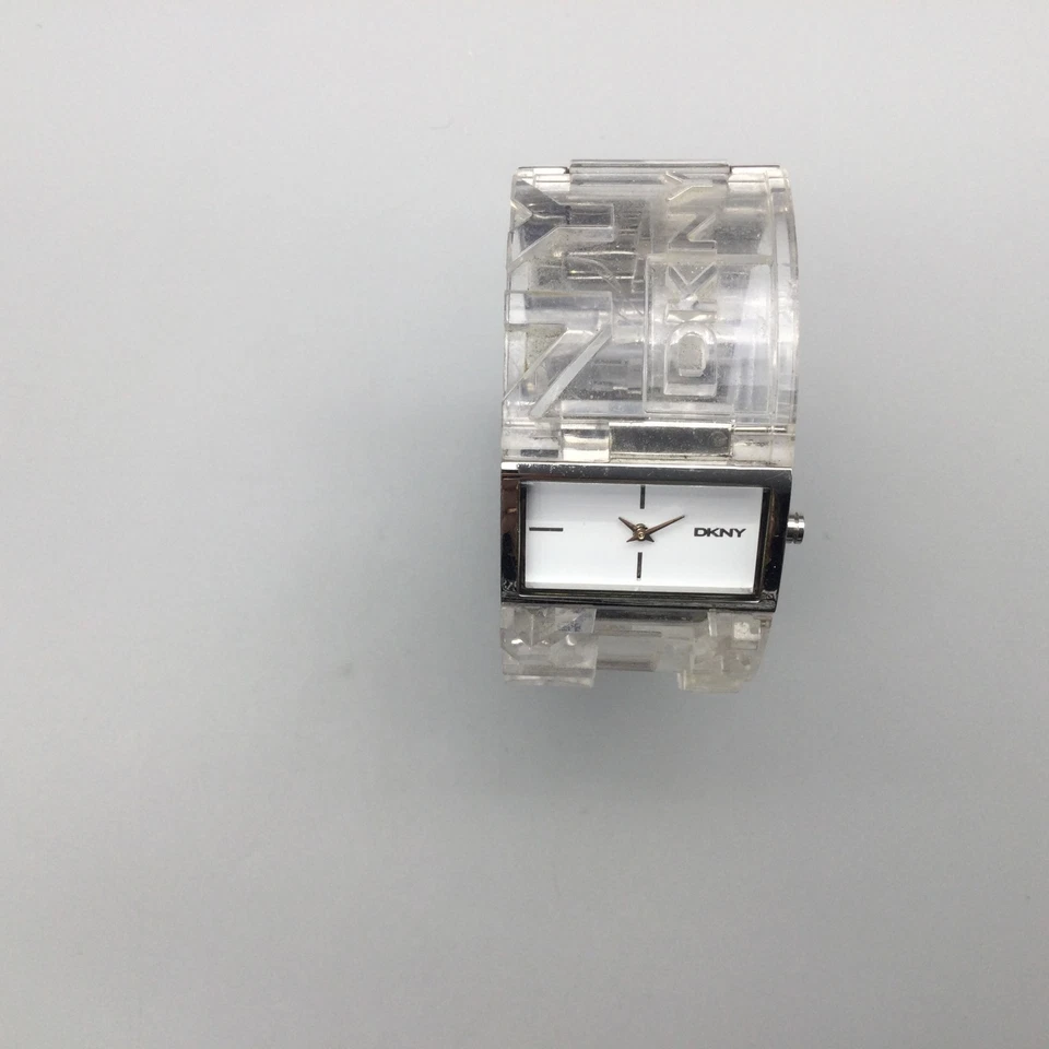 DKNY Watch Womens 30mm Silver Tone Wide Clear Logo Bangle New Battery 6.5" - Image 3 of 4