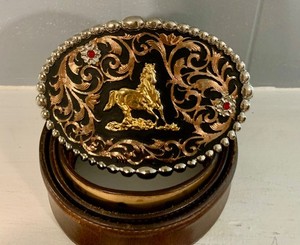 Montana Silversmiths Western Gold Tone Horse, Copper Swirls & Jewels Buckle