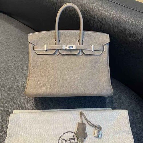 Hermes Birkin 25 Etoupe Grey Togo Leather Palladium HW Top Handle Bag Auth