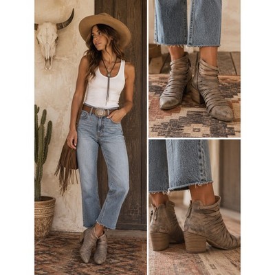 Fergalicious Booties Women 8.5 Brown Good Strappy Caged Western Boho Ankle Boots