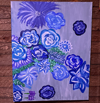 Hand-Painted Blue & Purple Floral Painting, Gray Background, Unframed