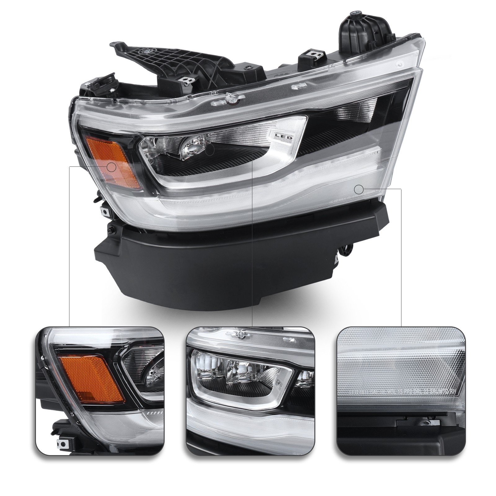 Full LED Headlight Assembly w/DRL Reflector Chrome Bezel For 2019-2023 RAM 1500