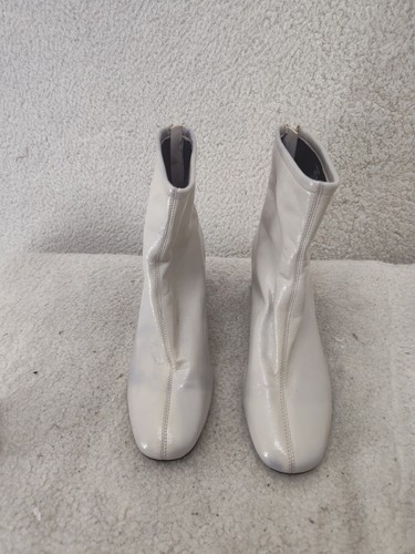 Zara Women Boots 7.5 Off White Patent Leather Pull On Zipped Block Heel Shoes - Picture 3 of 22