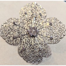 Vintage Large Flower Hairclip Silver Tone Rhinestones Filigree Barrette Bridal