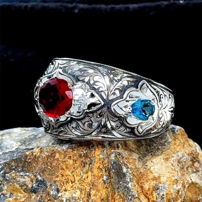 Anillo de plata 925 grabado con rubí y piedra aguamarina Foto 3 de 4