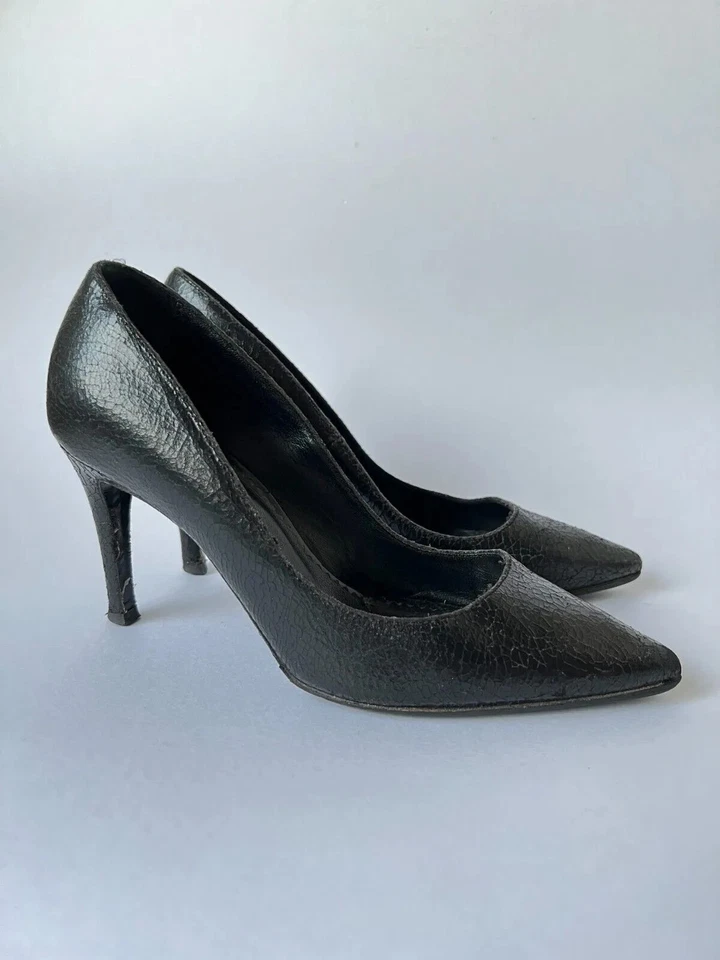 All Saints 5 38 Lena Shoes Black Crackle Leather Cracked Distressed Stilettos - Image 3 of 4