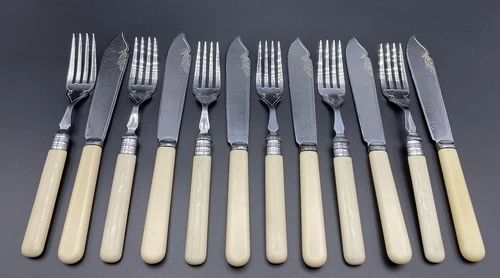 Vintage 12 Piece Faux Bone Handle Fish Cutlery Set - Chrome Plated - Picture 3 of 8