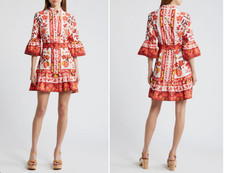 Farm Rio Dress Womens XS Romantic Orchard Mini Red Boho Vacation Tropical