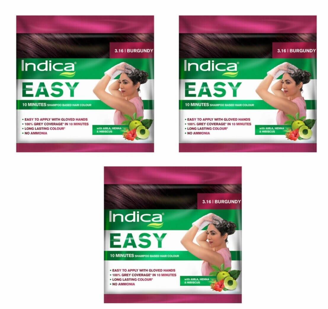 3 Packs of Indica Easy 10 Minutes Hair Color BURGUNDY  No Ammonia