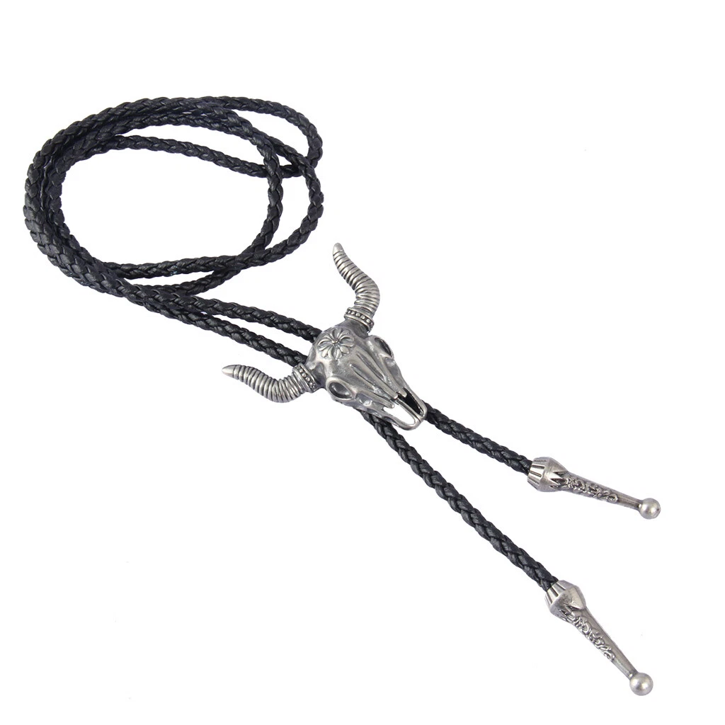 Fashion Western Longhorn Cow Skull Leather Bolo Tie Necktie Antique Silver