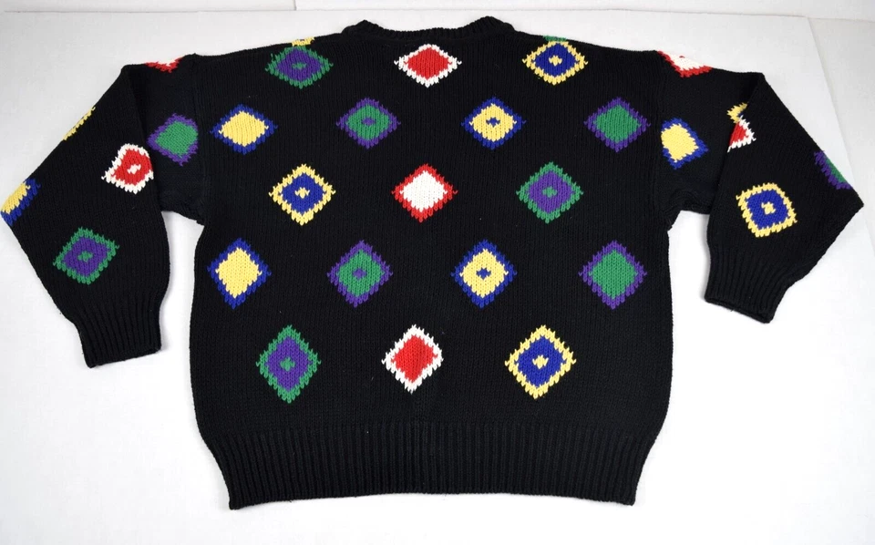 Vintage Sweater Pierre Cardin Size L 70s 80s Color Pop Diamonds Black Crew Neck - Image 2 of 4