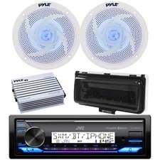 Marine Bluetooth Receiver, Amp, 2x 5.25" Blue Flash LED Speakers, Cover White