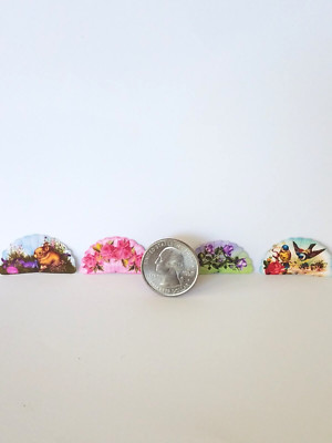 4 Tiny Miniature Paper Hand Fans Dollhouse Mini 1:12 Pictures, Bunny, Rose, Bird