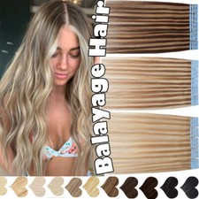 Tape In 100 Remy Human Hair Extensions Thick Double Glue Skin Weft balayage 18"