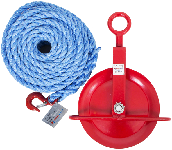 50mtr Liftingear Builders Scaffold Pulley Gin Wheel & Rope Lifting Rigging 250kg