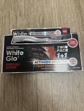 WHITE GLO Toothpaste Charcoal Activated Twin Pack 2 x 5.02 Oz + 1 Toothbrush NIB