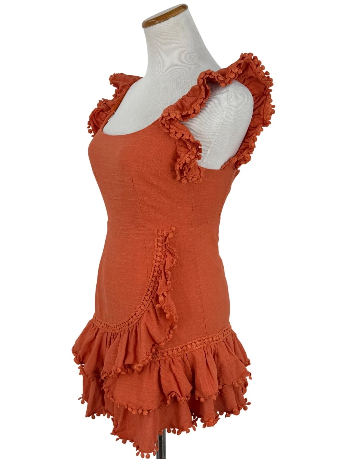 PALM ANGELS Selfie Leslie mini abito da festa in cotone a strati arancione all'uncinetto con volant