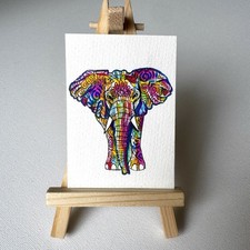 ACEO Original Psychedelic Painting Spirit animal Happy Elephant 3/5 Card ATC