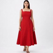 Quince Red/Chile Cotton Stretch Fit and Flare Midi Dress Square Neck NWT Size M