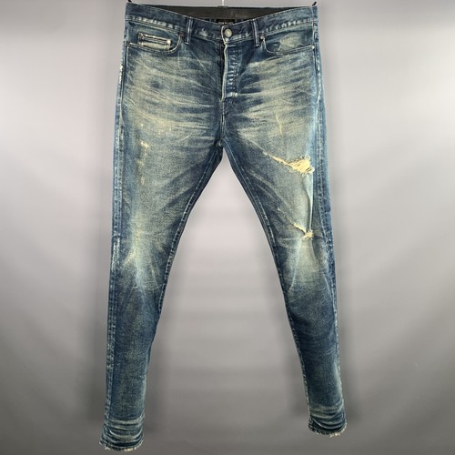 JOHN ELLIOTT Size 34 Blue Distressed Denim Button Fly Jeans