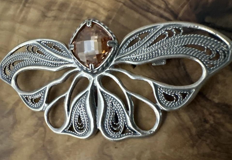 SILPADA Lacy Butterfly Brooch / Pin Sterling Silver / 925 With Apricot CZ - Image 2 of 4