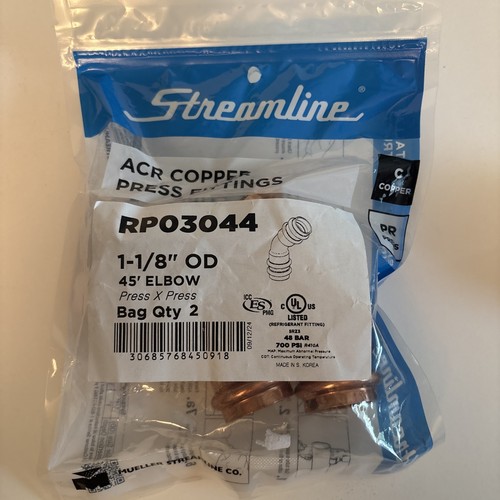 Mueller Streamline 2PC ACR Copper Press Fittings RP03044 45’ Elbow 1-1/8” OD NIP