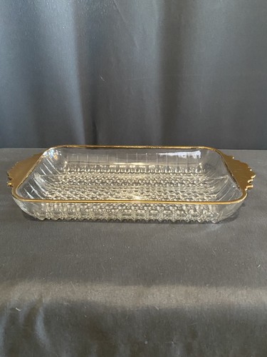 Vintage Anchor Hocking Glass Relish Tray w/ Gold Trim & Hobnail Bottom
