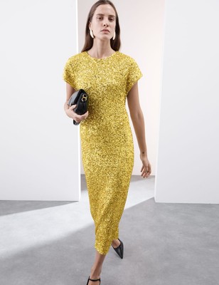 Marks Spencer Womens Yellow Synthetic Midaxi Pencil Sequin Dress M&S  UK