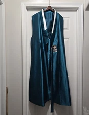 Korean Hanbok Baeja Vest Blue Satin Floral Embroidered Jeogori Overlay