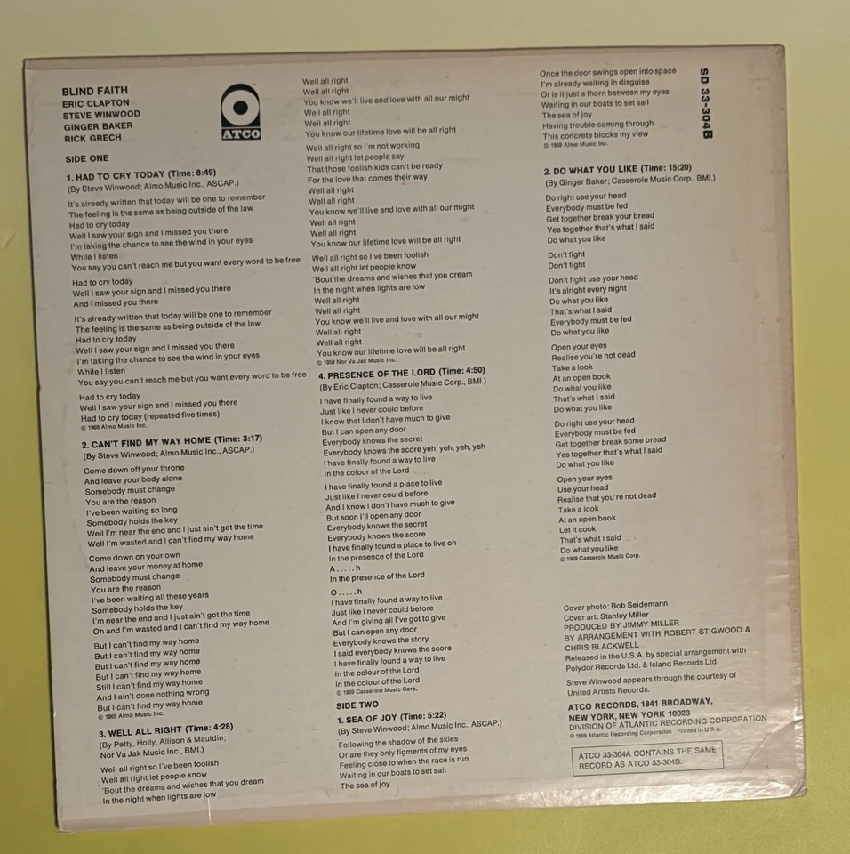 Blind Faith ' Blind Faith ' Vinyl LP Album US 1969 SD 33-304B ROCK ATCO - Image 3 of 4