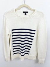J. Crew Ivory Navy Blue Striped Rollneck Sweater Size Small Chunky Knit Cotton
