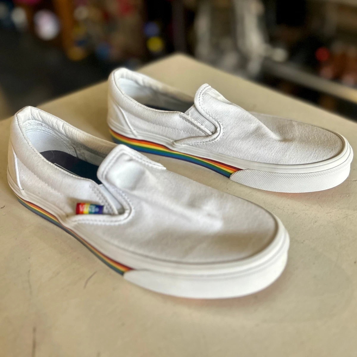 Vans white rainbow sales slip ons