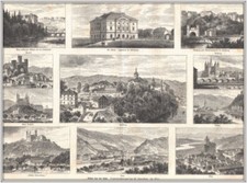 "Bilder von der Lahn" 11 Ansichten mittig Weilburg. Original Holzstich von 1875