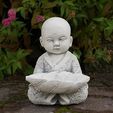 Buddha Mönch mit Schale Steinfigur 22 cm 4 kg Grau Weißbeton frostsicher