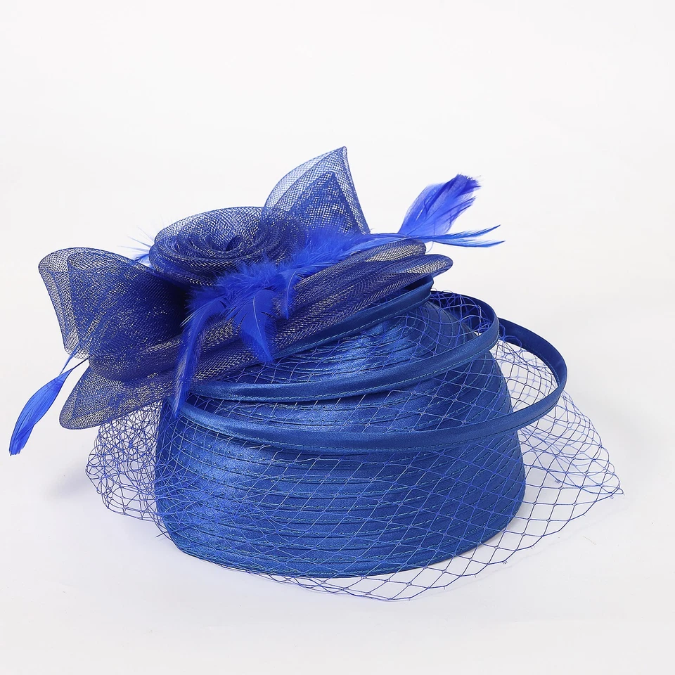 Sombrero de iglesia azul real fascinador cóctel fiesta de té vestido sombreros mujeres con velo Foto 3 de 4