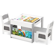 4-in-1 Kids Table Chair Set Toddler Wooden Activity Table w/ Side Bookshelves