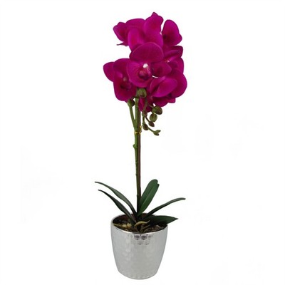 Künstliche Orchidee Pflanze 50cm dunkelrosa Real-Touch Blumen silber Topf verdrahtete Stiele