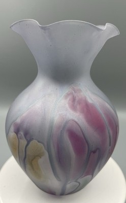Vintage Rueven Art Nouveau Hand Painted Satin Glass Ruffle Top Vase 4.5  Tall