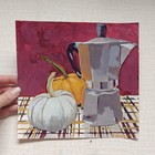 Original Still Life Acrylic Painting Pumpkins Coffee Pot Laura Langford 2024 — photo 1