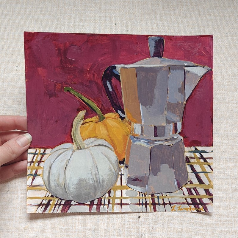 Original Still Life Acrylic Painting Pumpkins Coffee Pot Laura Langford 2024