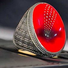Real Yemeni Blood Red Agate Sterling Silver 925 Handmade Aqeeq Plain Mens Ring